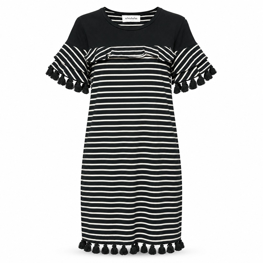 N/NICHOLAS Black White Striped Tassel Ruffle Sleeve Shift Dress Size 10 Nautical